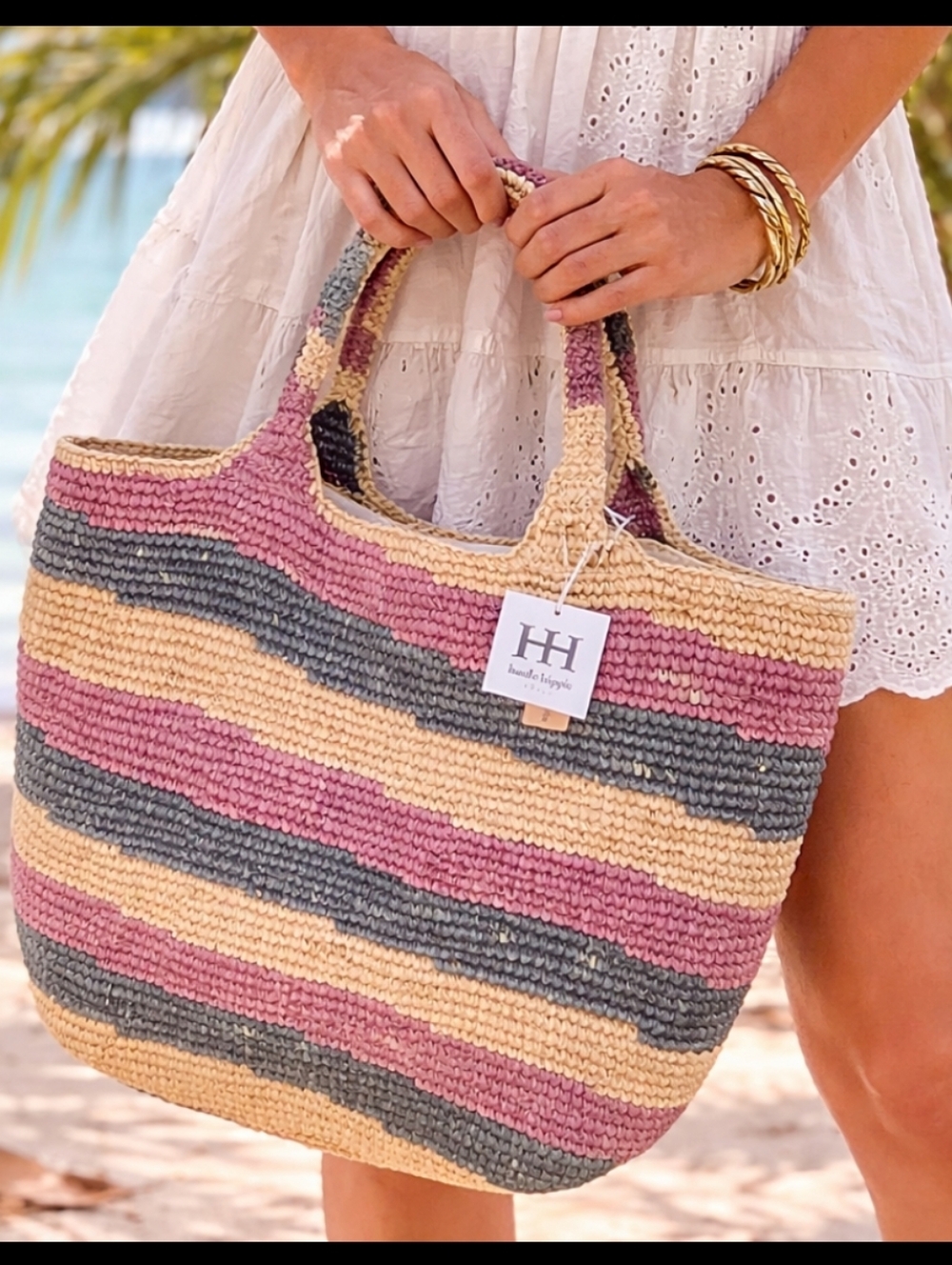 Haute Hippie Pink, Gray and Cream Striped Crochet Tote Bag NWT